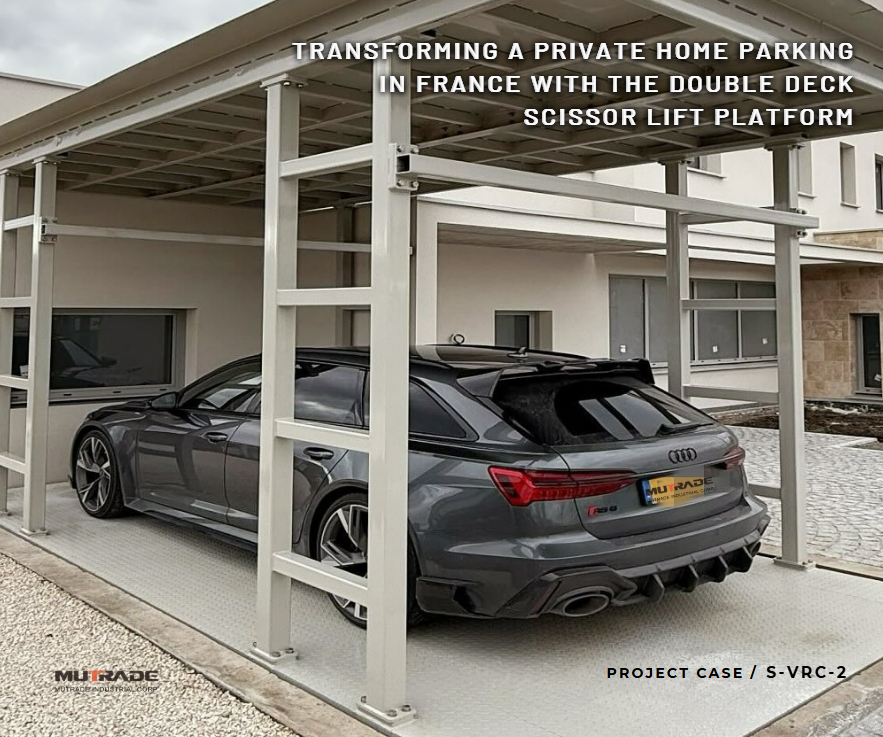 Trasformare un parcheggio per la casa privato in Francia con la piattaforma di sollevamento a doppio ponte a forbice