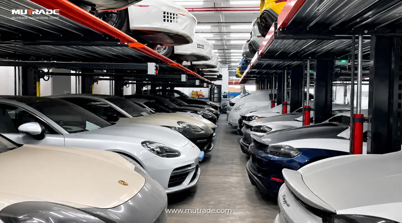 Ascensori per parcheggi a due colonne Hydro-Park 1127 installati all'interno per un concessionario di auto di lusso a Hong Kong